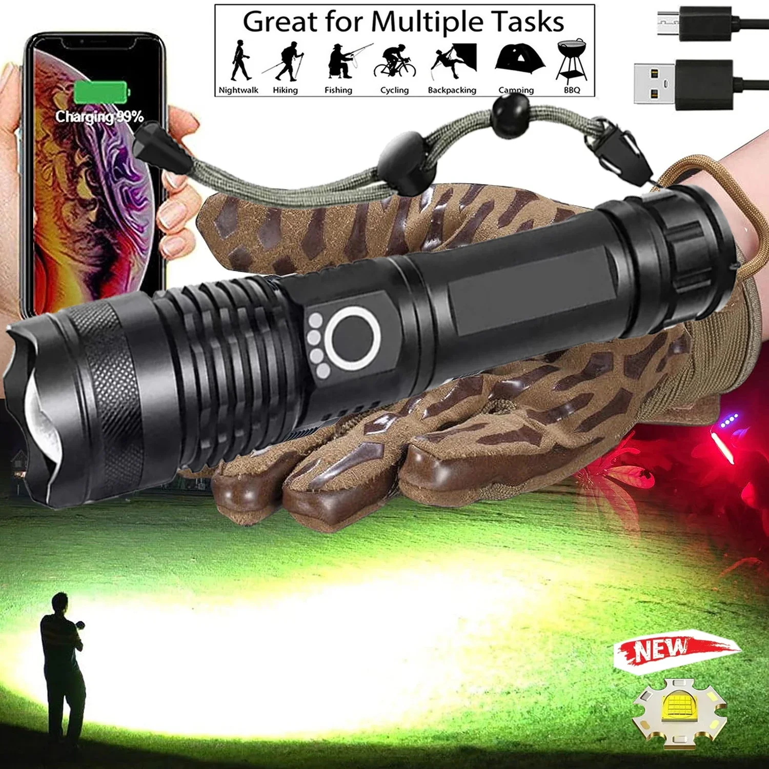 High Powerful Tactical Flashlight Rechargeable Super Bright Aluminum Alloy Led Torch Zoom Usb Hand Lantern Outdoor Flash Light