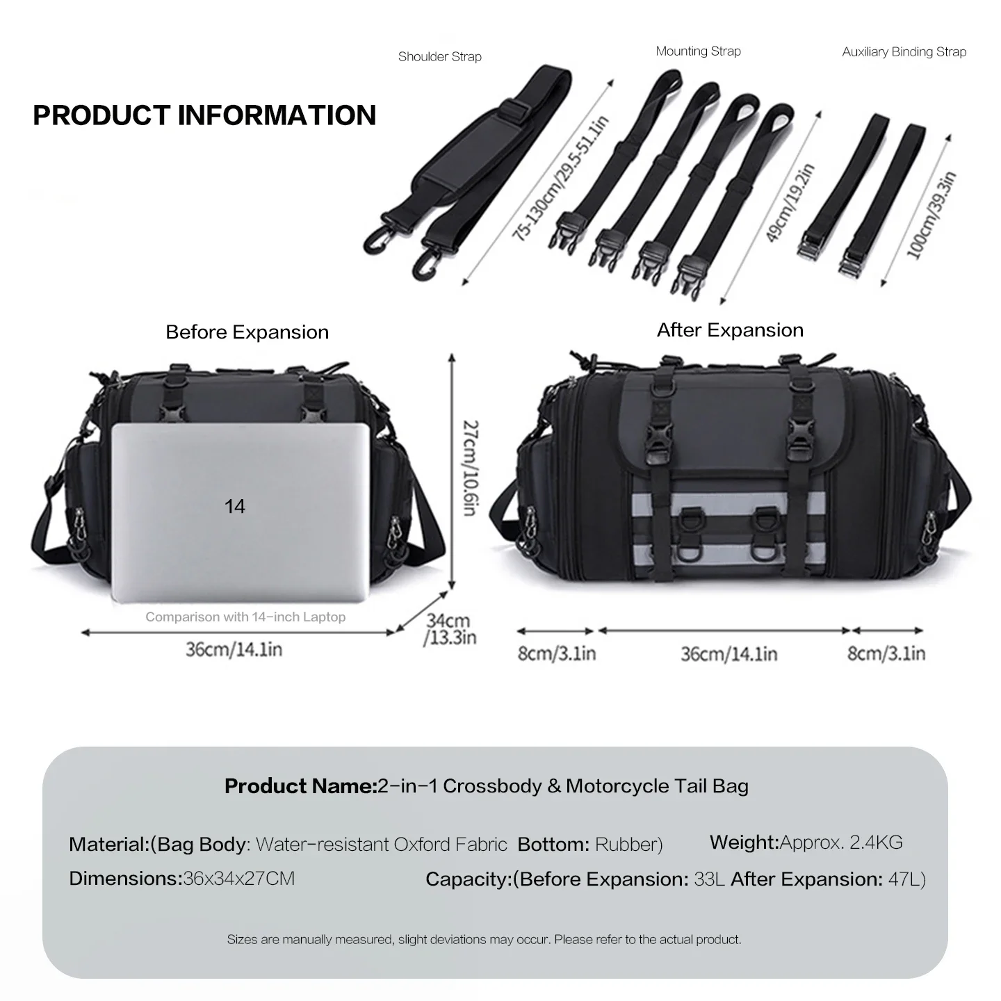 Multi-Purpose Expandable Large Capacity Motorcycle Tail Bag Hand Shoulder Carry Outdoor Riding Travel Pack Crossbody Bag Unisex