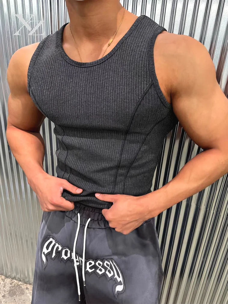 Hot Sale American Style Ice Silk Ribbed Sleeveless T-Shirt Men's Tight Elastic Muscle Vest Stitched Panel Base Shoulder