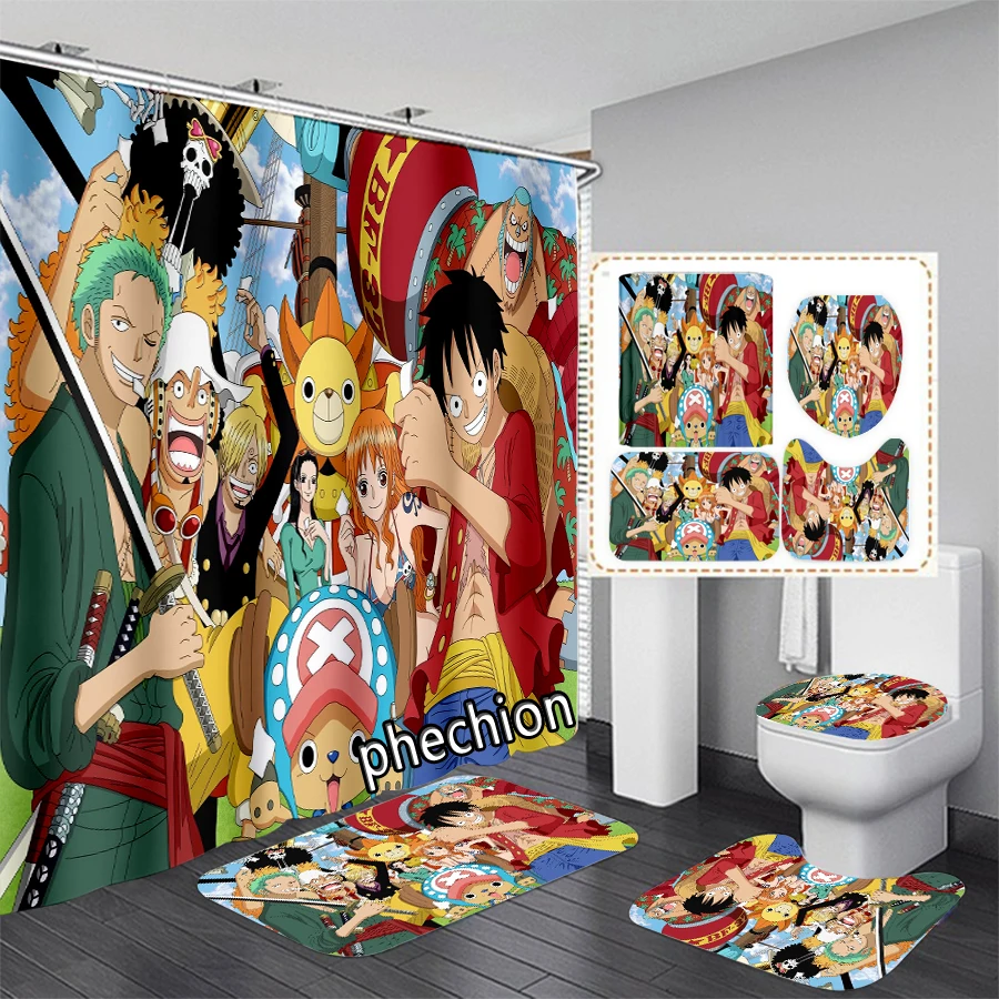 New Anime One Piece 3D Print Shower Curtain Waterproof Bathroom Curtain Anti-slip Bath Mat Set Toilet Rugs X33