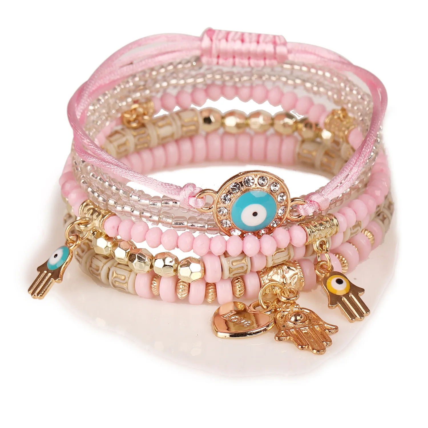 6-teiliges Set böhmisches Armband mit bösem Auge für Damen, Fatima-Hand, Herzanhänger, Perlenarmband, Kettengliederarmband, weiblicher Schmuck, Geschenk – Detail 7