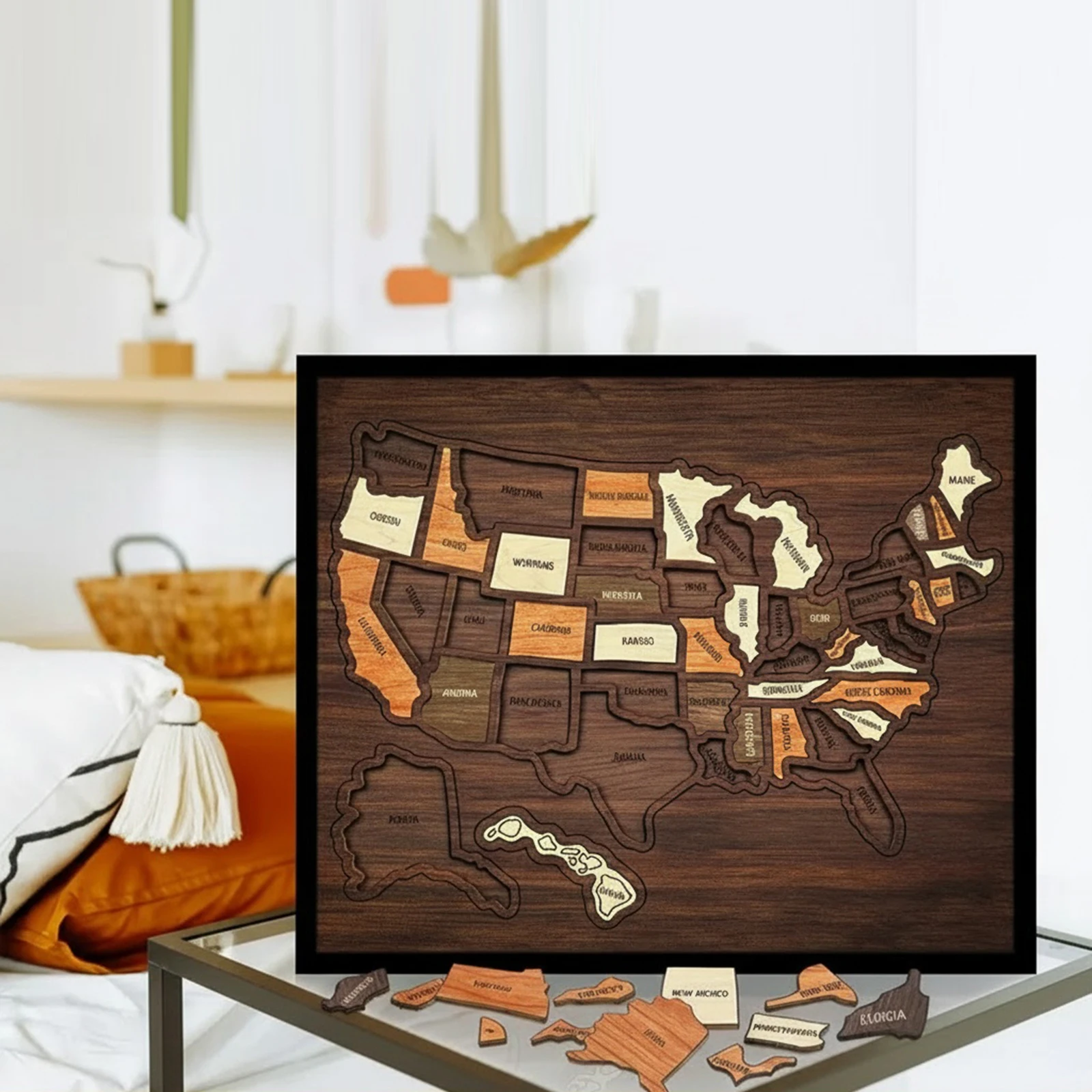 Wooden USA Maps Puzzle Reusable Landmarks Cork Travel Map Multi-Purpose Portable Wooden Puzzle for Home Decor Remarks