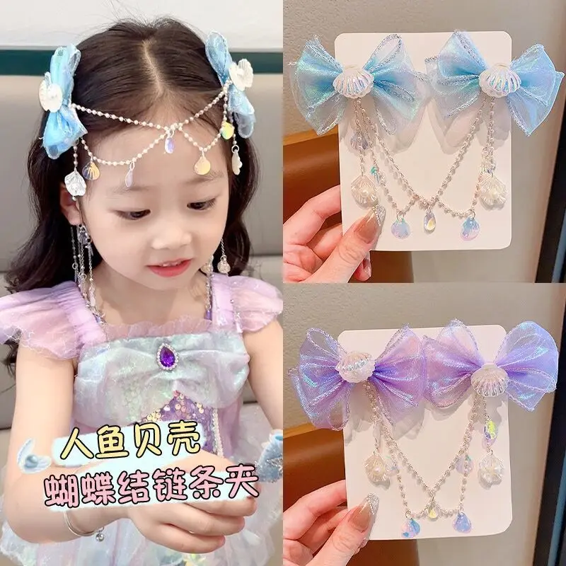 Princess Style Mermaid Ear Hanging Shell Pearl Tassel Bow Forehead Chain Hair Clip Children's Hair Accessories Girl Hair Clip