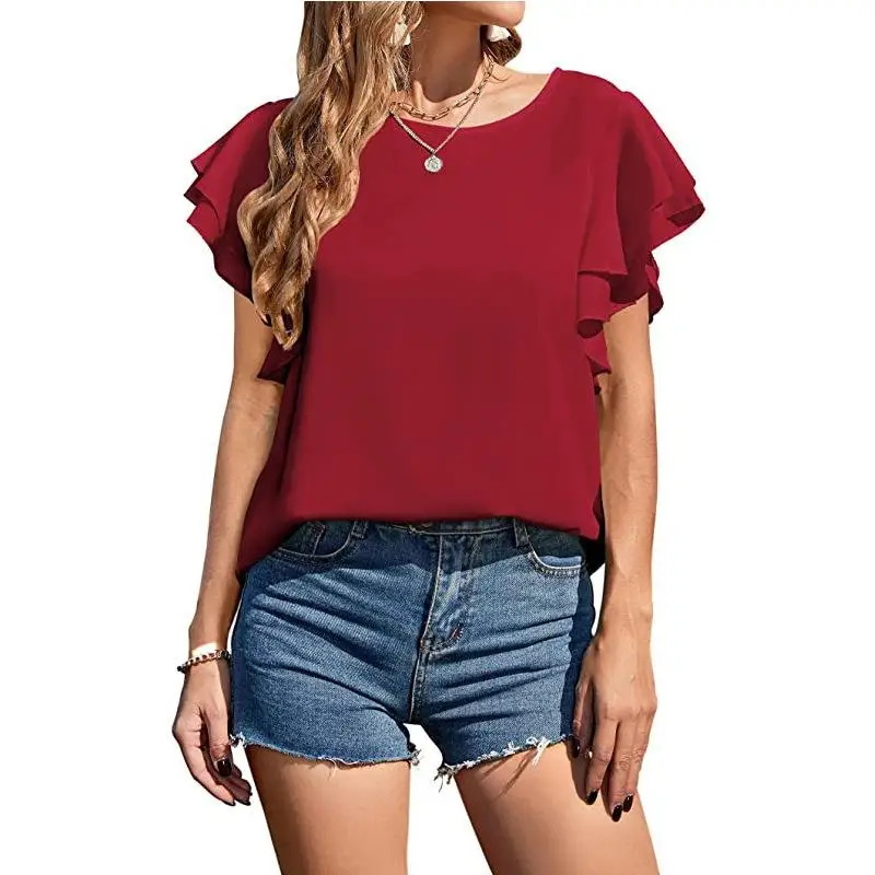 Dwuwarstwowa koszulka damska z motywem lotosu, luźny krój, poliester, koronkowa ozdoba, jednolity kolor, wiosna 2024