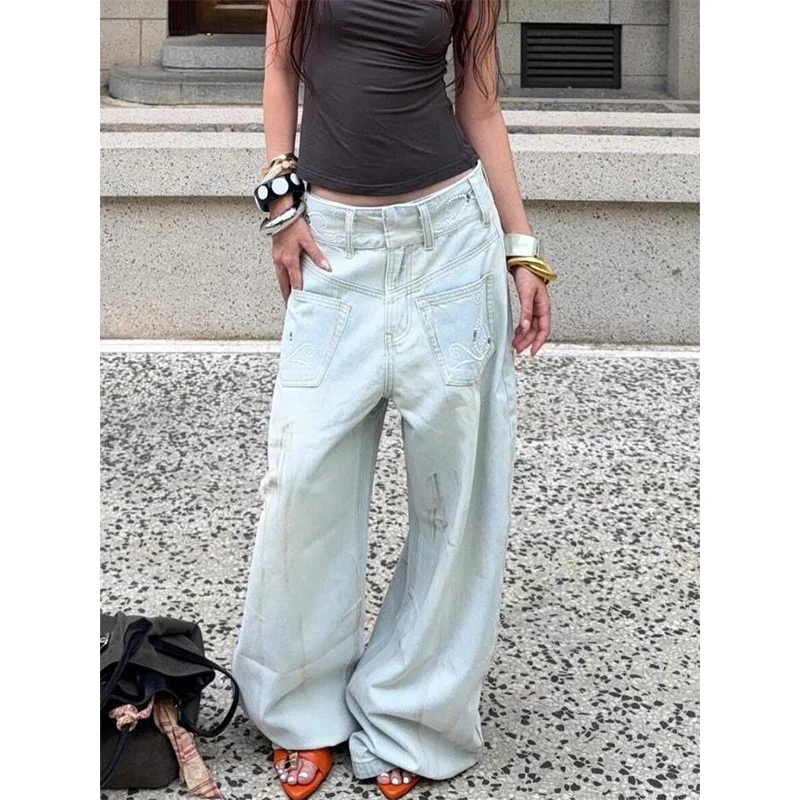 女性ヴィンテージライトブルー Y2k だぶだぶのジーンズ原宿日本 2000 年代パンツストリートオーバーサイズ曲がったナイフデニムズボン服