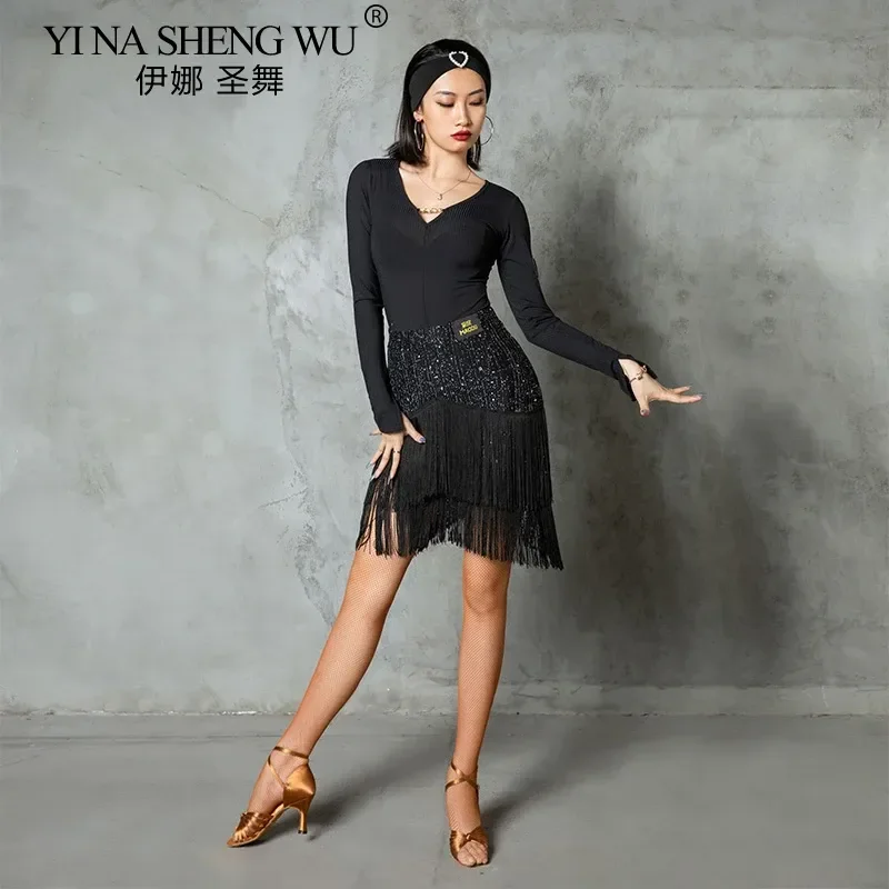 

Women Latin Dance Skirt Sequined Tassel Practice Performance Samba Rumba Cha Cha Tap Dancing Wear Black