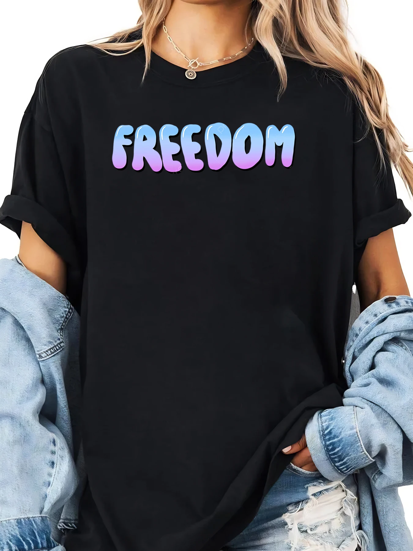 T-shirt imprimé dégradé de liberté pour femmes, tenue décontractée d'halloween, noir, grande taille