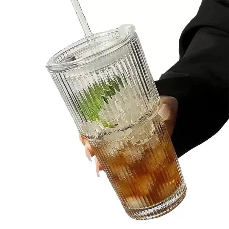 Large Capacity Vertical Striped Glass Cup With Lid And Straw Cold Drink Mug For Juice Coffee Iced Beverage Drinking Tumbler