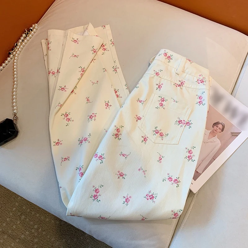 Simple White Floral Denim Pants for Women 2025 Spring Summer New High Waist Wide Leg Trousers Lady Casual Versatile Jeans