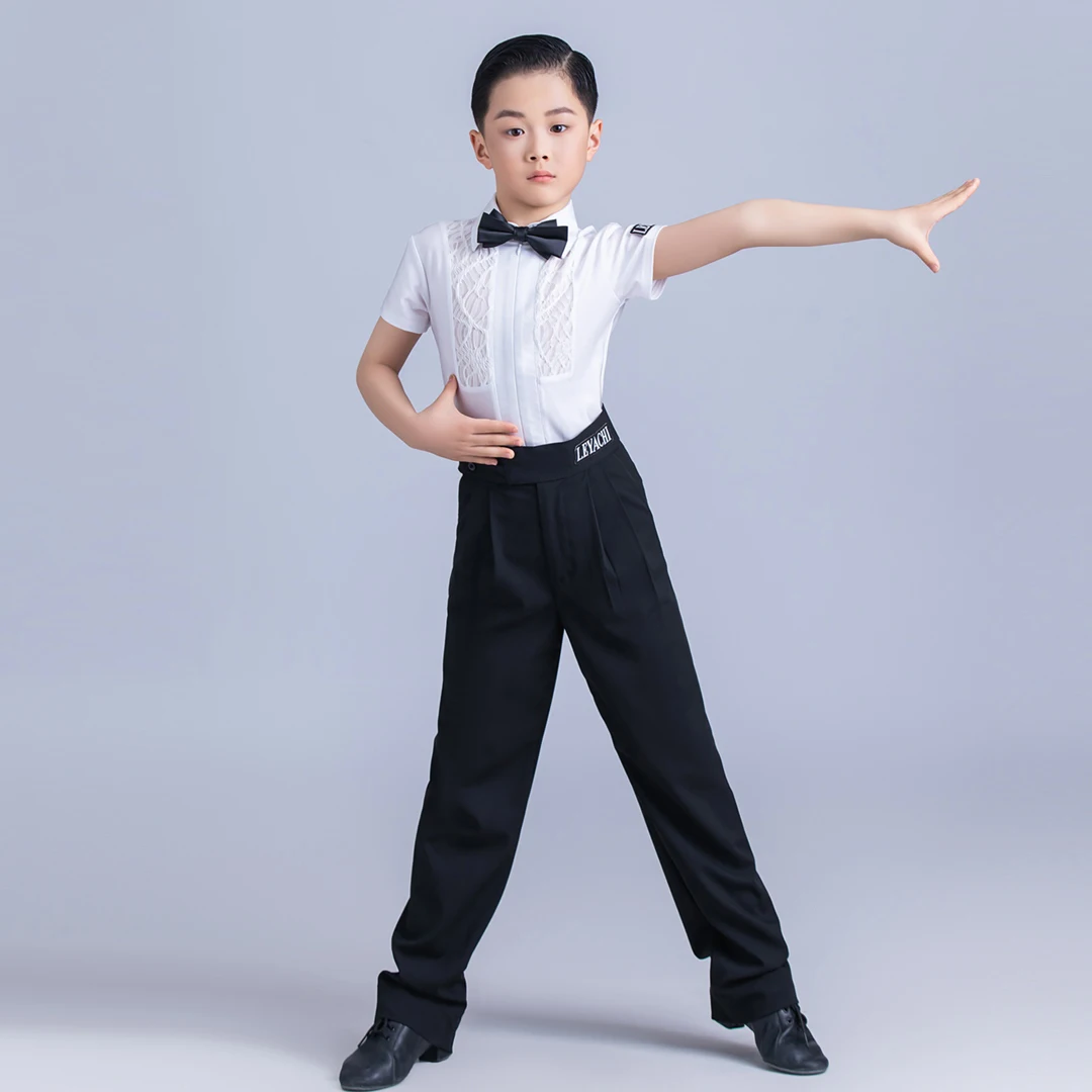 

New Boys Latin Dance Clothes Competition Clothing White Shirt Black Pants Short Sleeves Cha Cha Rumba Samba Dance Costume XH3000