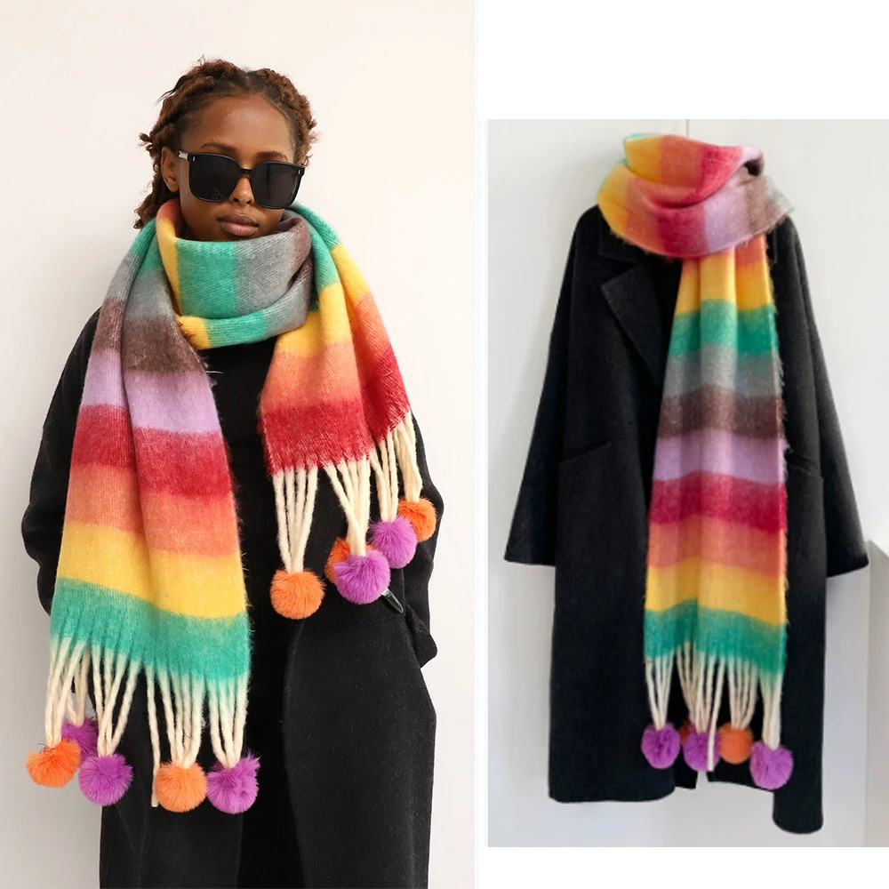 

Длинный шарф для женщин, осенне-зимний плюшевый мохеровый теплый красочный полосатый шарф, милый помпон с бахромой