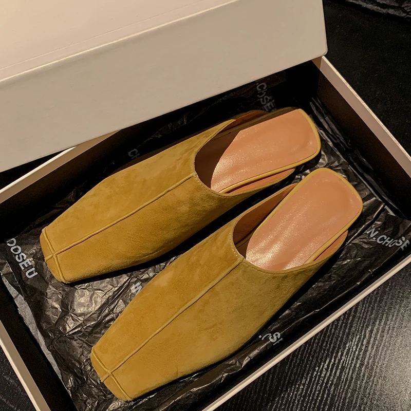 2025 New Genuine Kid Suede Low Heels Slippers Women Covered Toe Natural Leather Casual Slippers Female Daily Walk Slippers
