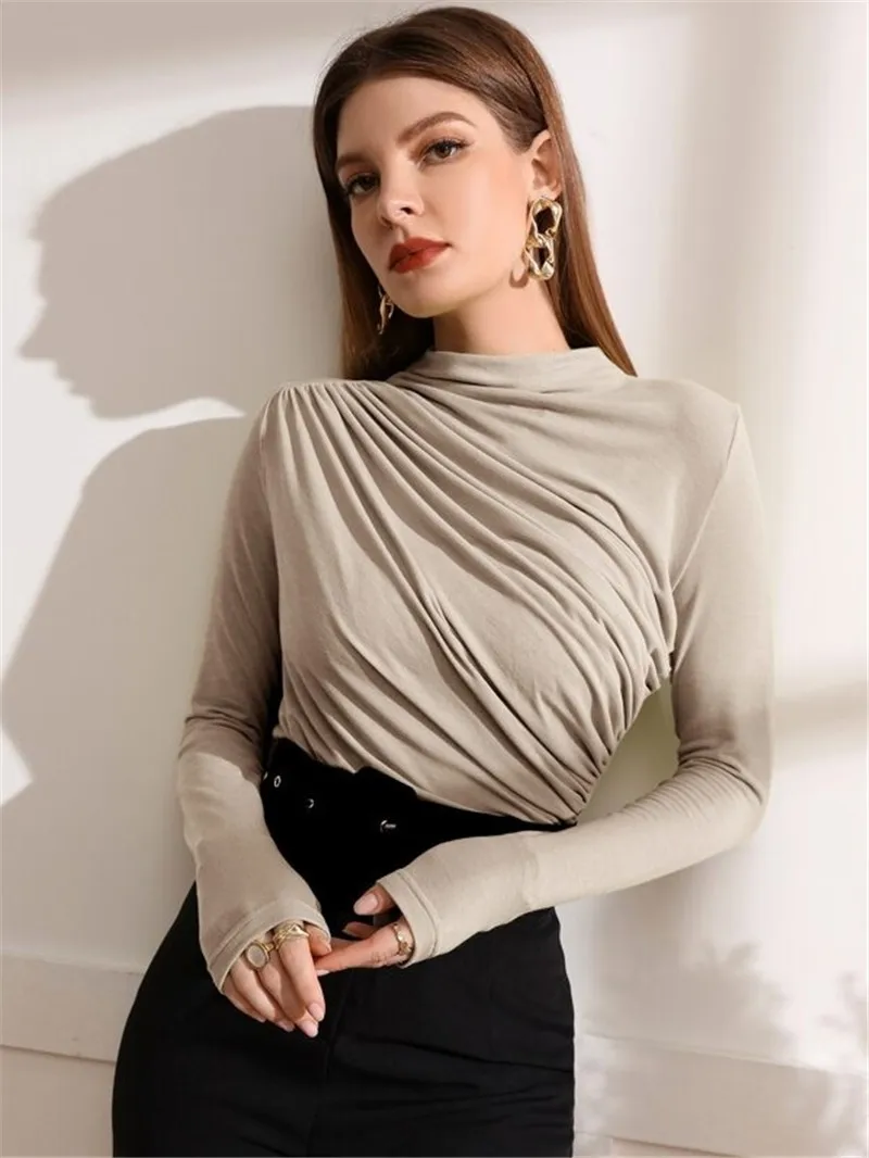 Autumn Elegant Temperament Solid Colour Pleated Long-Sleeved Shirt Women Simple Apricot Basic Top