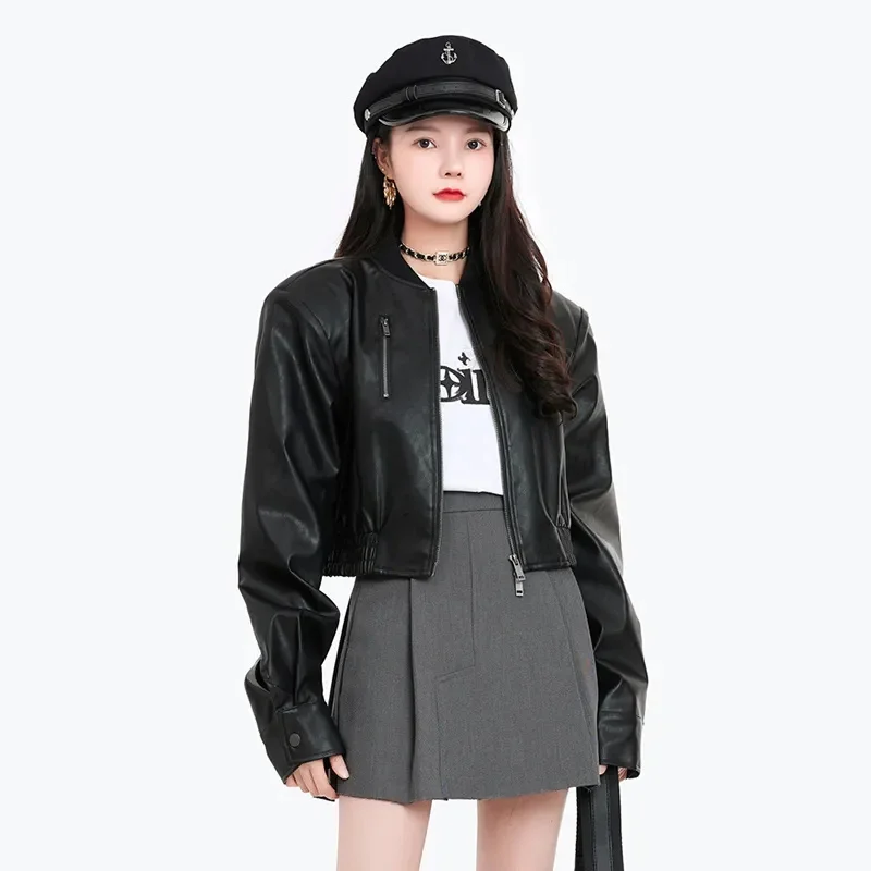 Femmes coréennes mode Faux cuir haut 2025 dames manches longues veste en cuir PU printemps automne femme décontracté court manteau en cuir