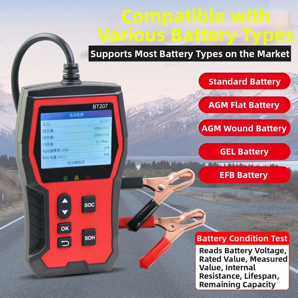 

BT207 Battery Tester for 12V 24V Car Acid Batteries LCD Display Voltage Capacity Health and Resistance Analysis