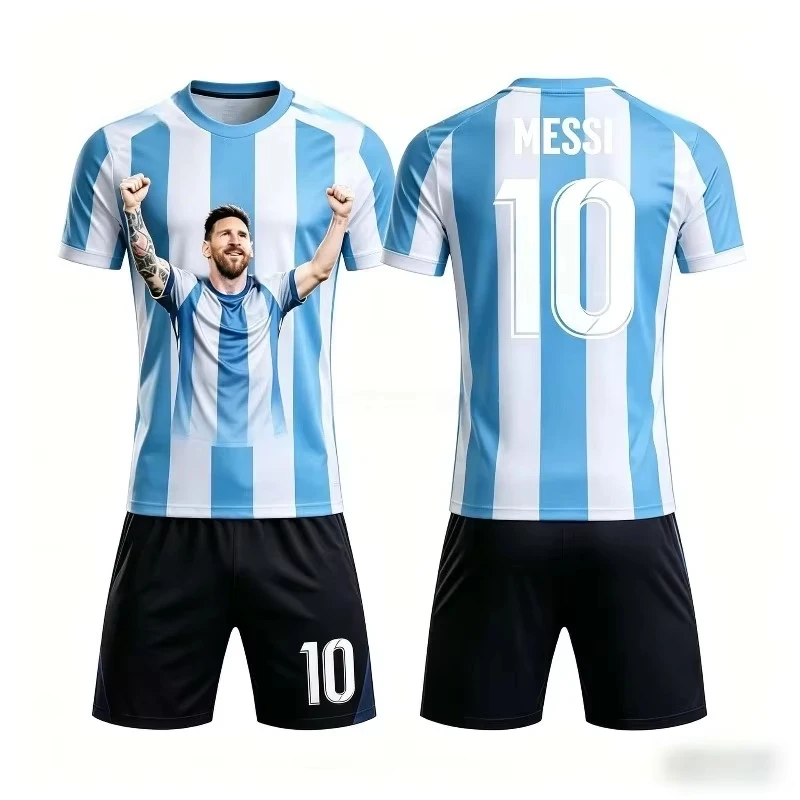 Summer New Football Jersey Sports Messi # 10 Men's and Women's Short Sleeve T-shirt and Shorts Set Quick Drying Family Kids Tees