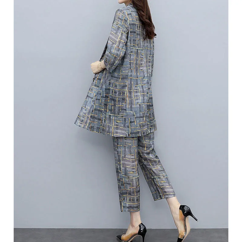 Korean Fashion 3/4 Sleeve Coat Printing Two Piece Set Women\'s Clothing Summer Casual Commute High Waist Cropped Pants Female