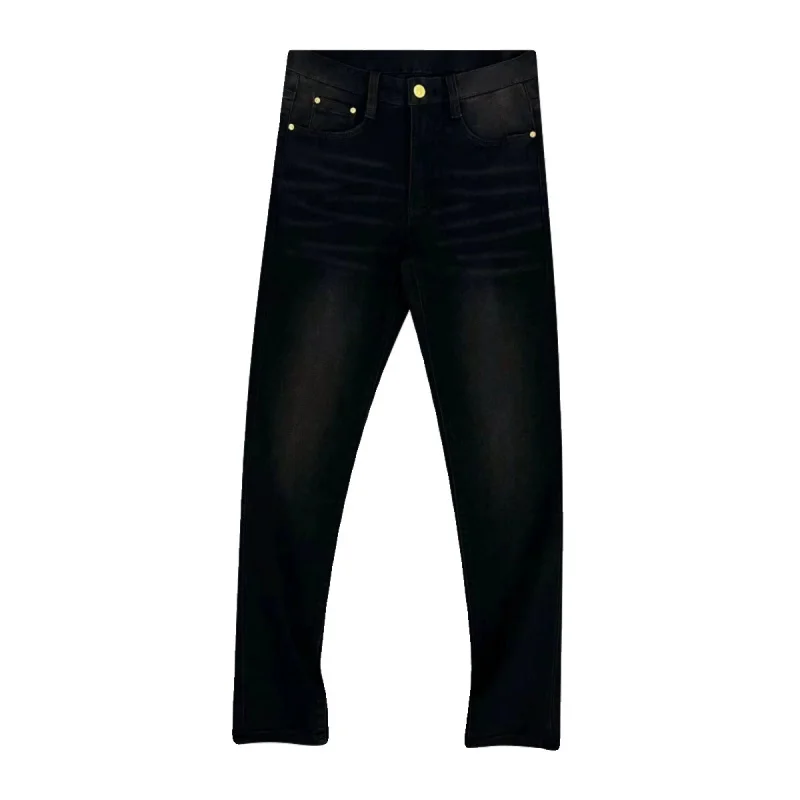 High-End Black Gray Jeans Men's 2024 Thick Fashionable Embossed Letters Slim Fit Feet Washed New Stretch Men's Pants