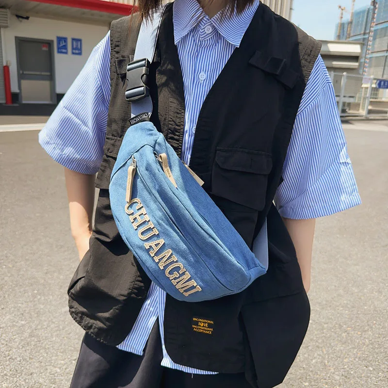 

Letter Chest Bag For Women Solid Color Waist Bags High Quality Women Shoulder Bag Denim Fabric Fanny Pack Fashion Crossbody Bag