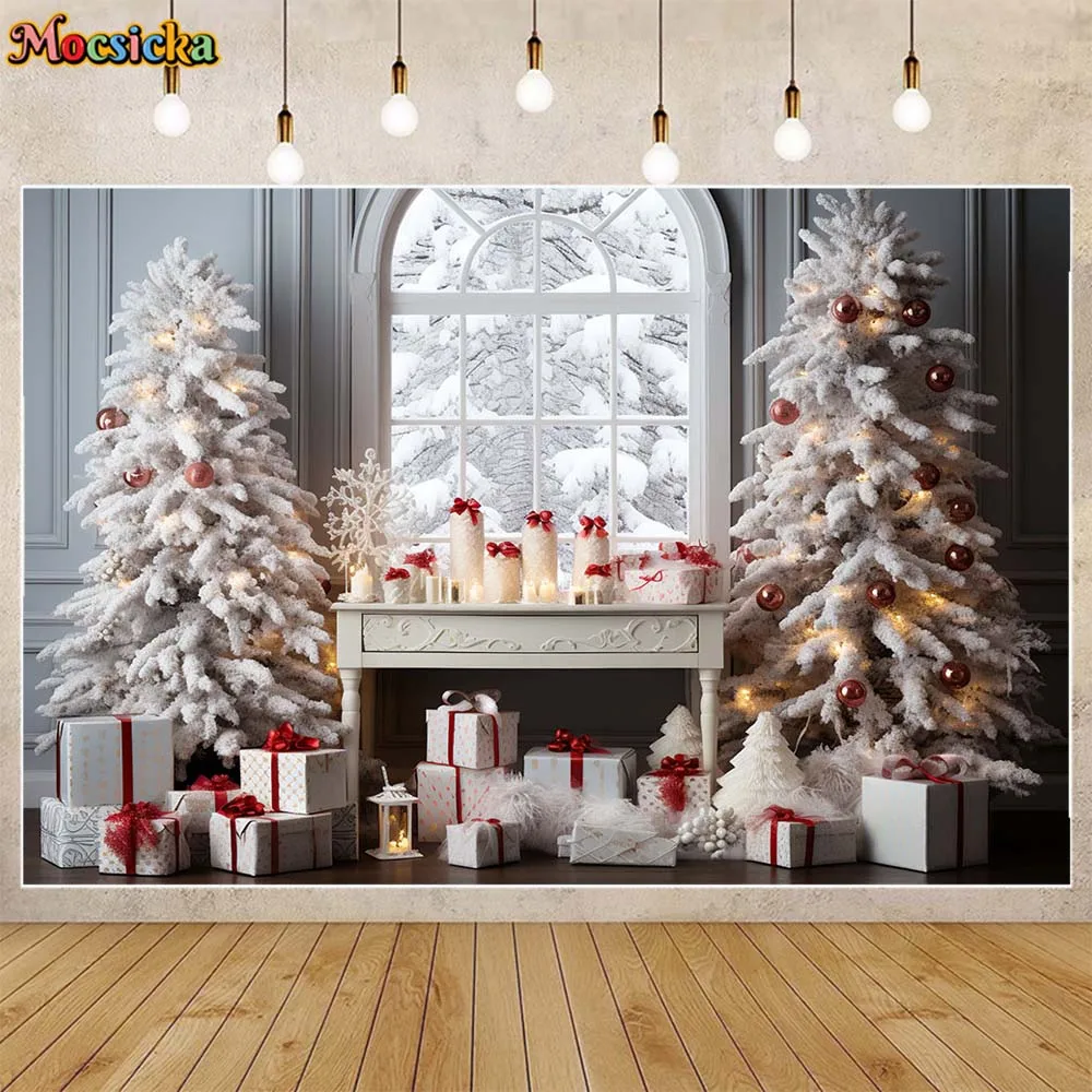 Moclicka jendela musim dingin salju putih pohon Natal latar belakang fotografi dekorasi pesta Natal anak-anak potret latar belakang Studio Photocall