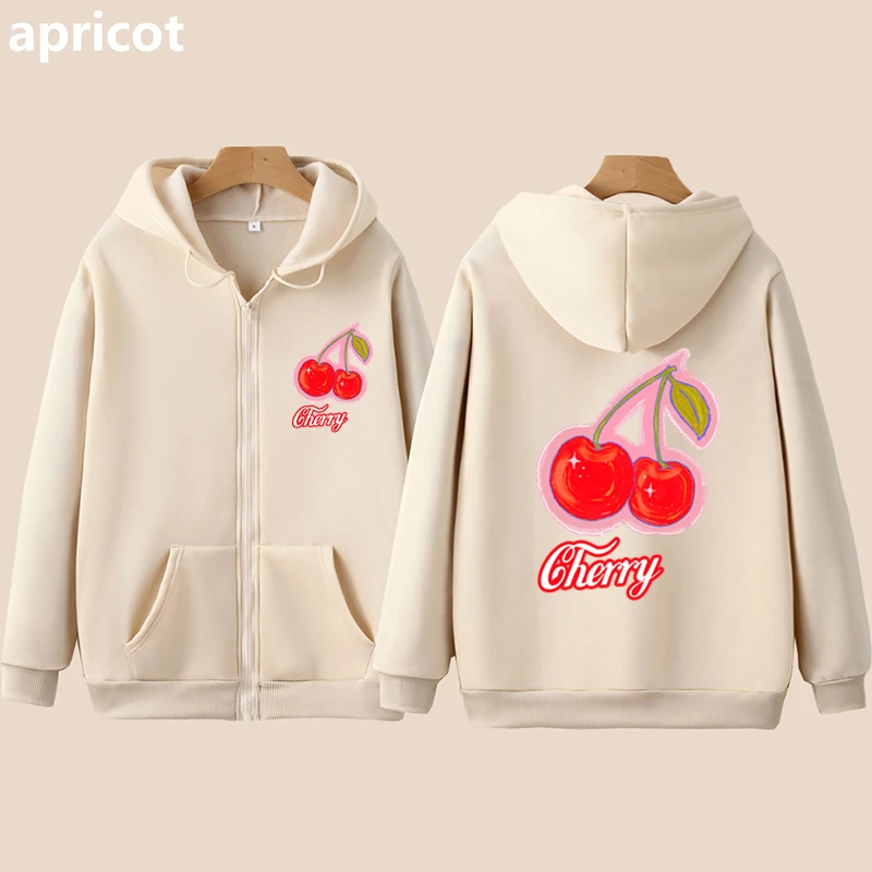 Kawaii Sweet Cherries Print Zip up Hoodies Sweet Women Cardigan Fairy Grunge Sweatshirt Jacket Vintage Preppy Y2k Emo Clothes