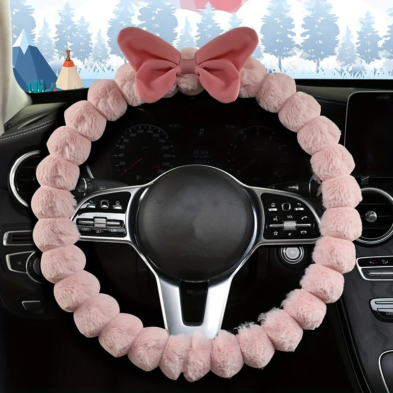 

Winter Plush Car Steering Wheel Cover With Lovely Bow Car-Styling Protection Anti-Slip Warm Plush Soft Car Steering Wheel Cover