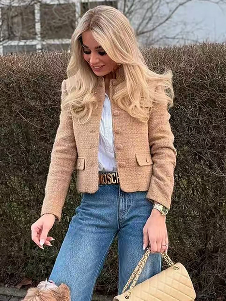 

Vintage Women Elegant Tweed Golden Jacket 2025 Fashion Ladies Slim Single Breasted Jackets for Party Female Chic Outfits Cute