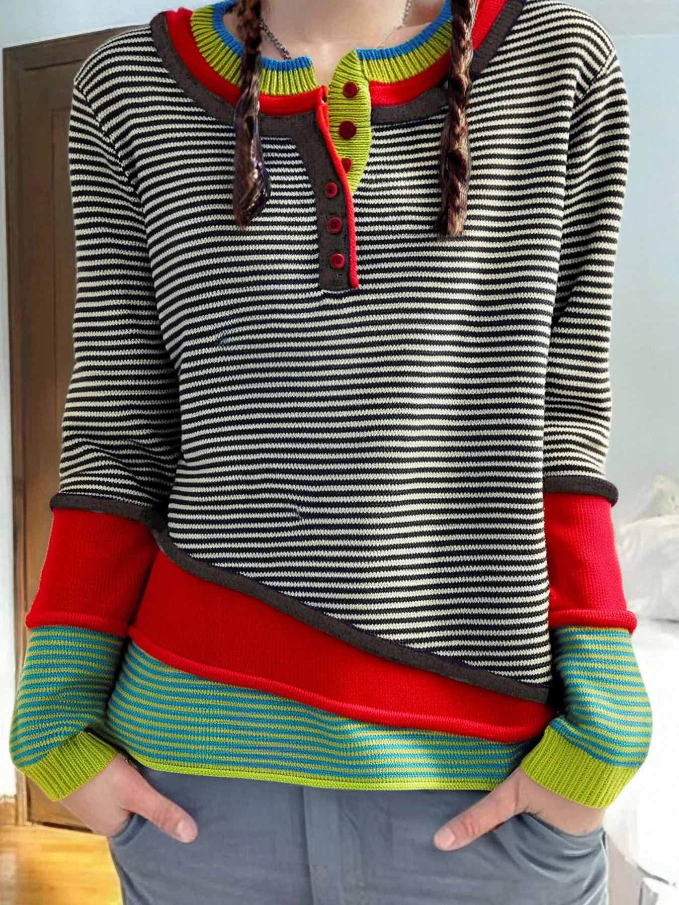 

Women's Clothing - Fashion Women's Wear Autumn/Winter Color Contrast Stripe Asymmetric Color Block Splicing Knitted Long Sleeve