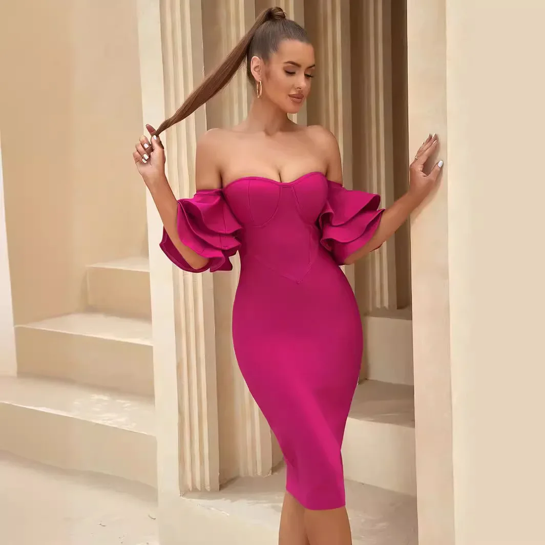 New Design Ruffle Sleeves Bandage Dress Women Casual Luxurious Elegant Bodycon Midi Evening Dress Club Party Dresses