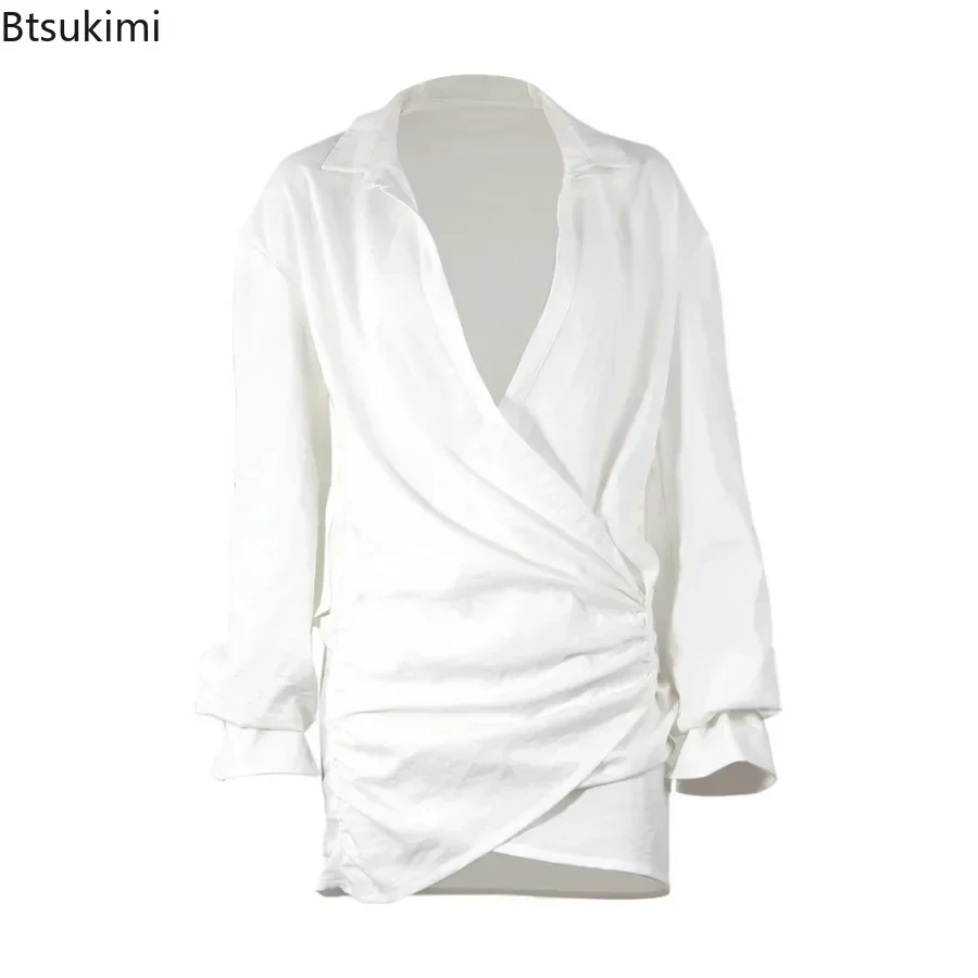 2026Women\'s Sexy Shirt Dress with Long Sleeve Lapel Deep V-Neck Spring Autumn Solid Fashion Comfortable Ladies Party Short Dress