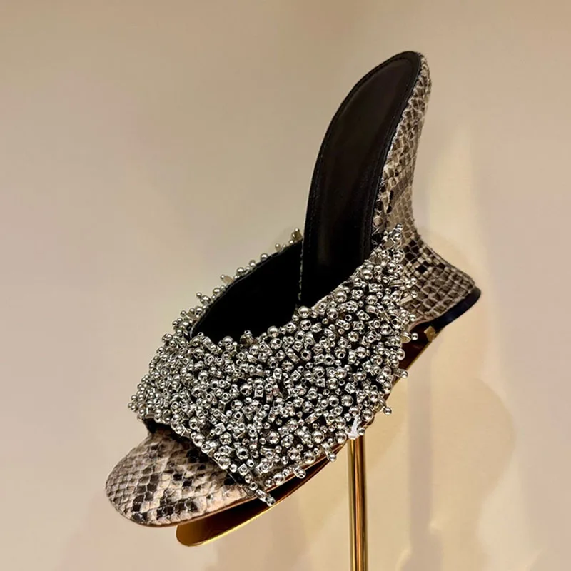 2025 Fashion Genuine Leather Wedges Open Toe Slippers Women's Metal Beaded Roman Sandals Summer Casual Versatile Single Shoes