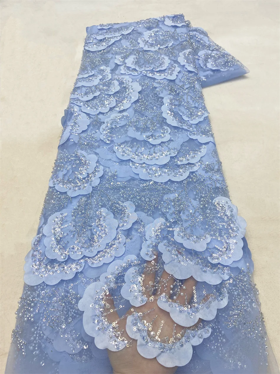 African Lace Fabric 2025 High Quality French 3D Flower Sequins Embroidery Beads Tulle Lace Fabric For Party Dress