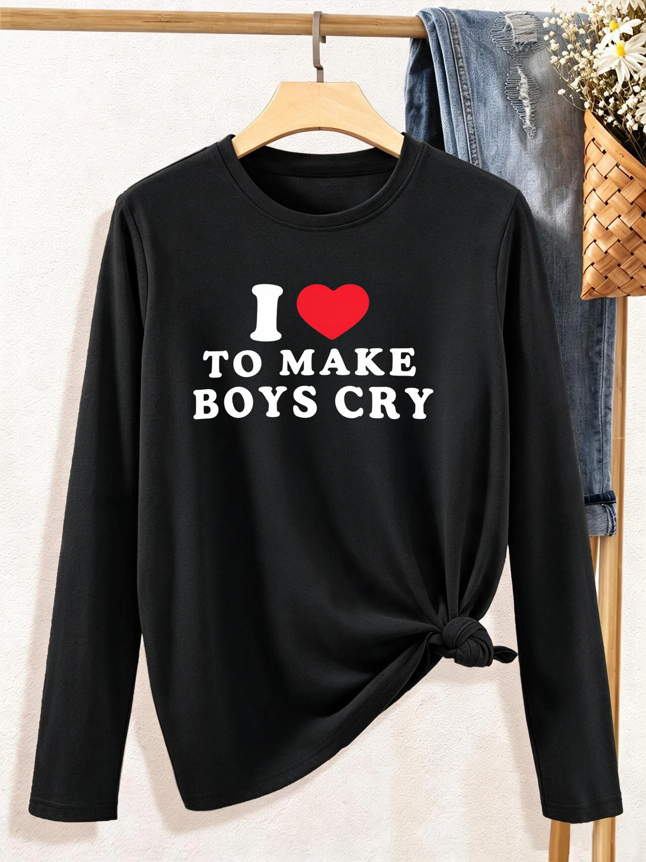 Letter I Love To Make Boys Cry Print T-Shirt Casual Crew Neck Long Sleeve Top for All Seasons Women's Clothes Outfit Daily Femme