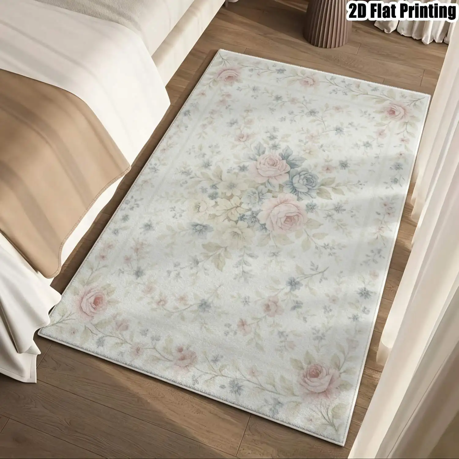 1Pc 2D Printed Pink-Blue Floral Velvet Carpet, Multi-Style, Multi-Size, Machine Washable, for Home Decor & Multi-Scenes
