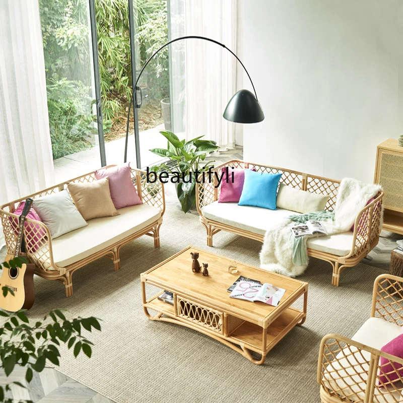 Rattan Sofa Combination Three-Seat Balcony Rattan Chair Bedroom Living Room Simple Bed & Breakfast Outdoor Bamboo Chair