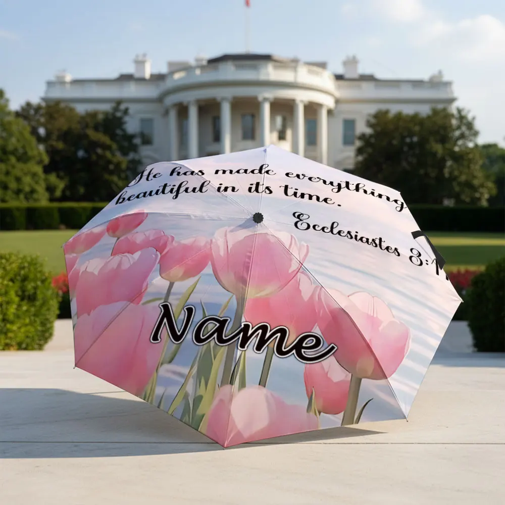 Custom Name Umbrella Pink Tulips By The Sea With Bible Verse Ecclesiastes Print Folding Umbrella,Portable Travel Parasol,Gift