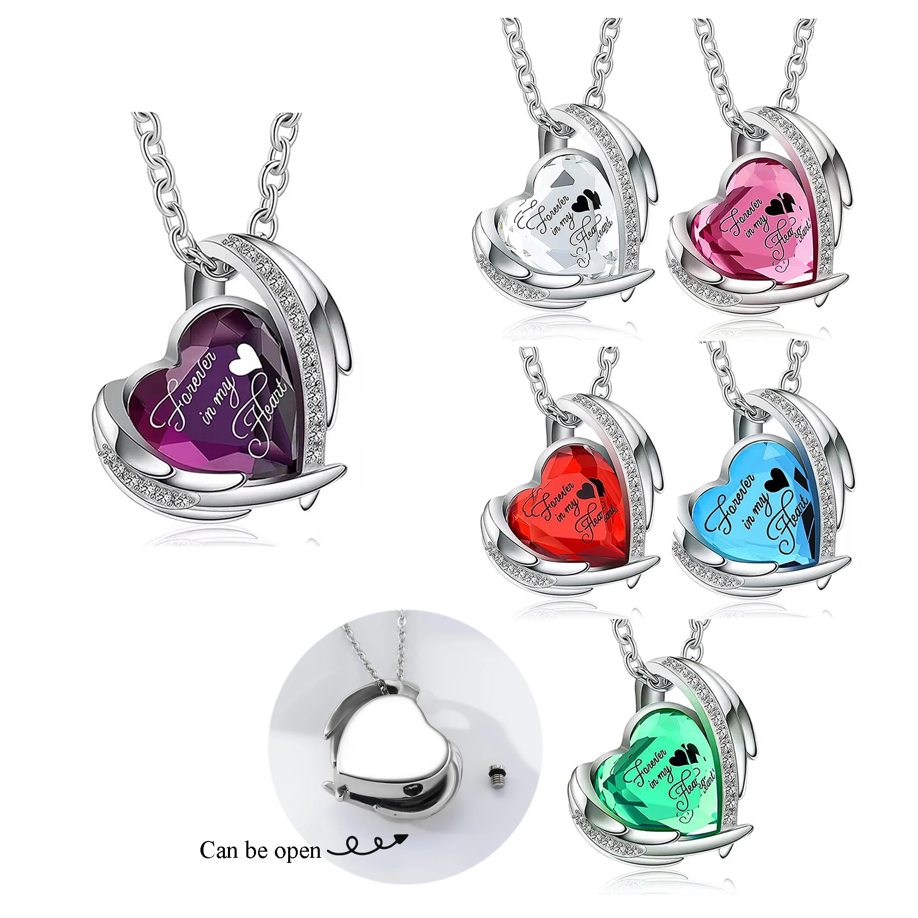 Forever in My Heart Edelstahl-Herzkristall-Urnen-Halskette für Damen und Herren, Andenken-Anhänger, Asche, Schmuck, Geschenk