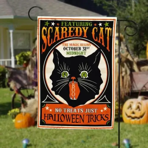 Scaredy Black Cat No Treats Just Tricks Halloween Flag  Personalized Halloween B