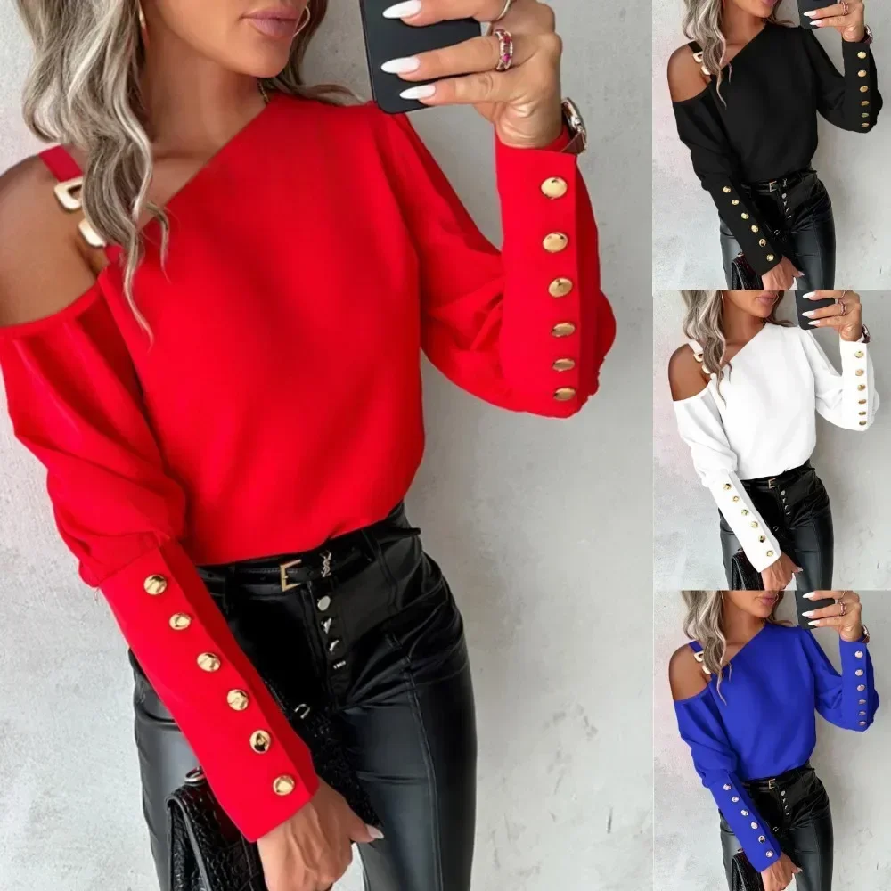 Damen-Bluse mit Offenen Schultern, Langen Ärmeln, Dekorativen Metallknöpfen, Lockerer Passform für Party, Dating und Alltag – Detail 2