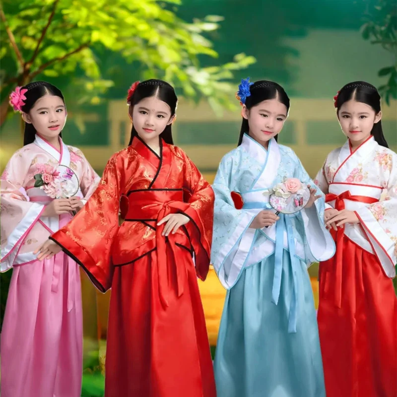 

Китайский шелковый халат Hanfu, костюм для девочек, детское кимоно, китайский традиционный винтажный этнический студенческий танцевальный костюм для хора