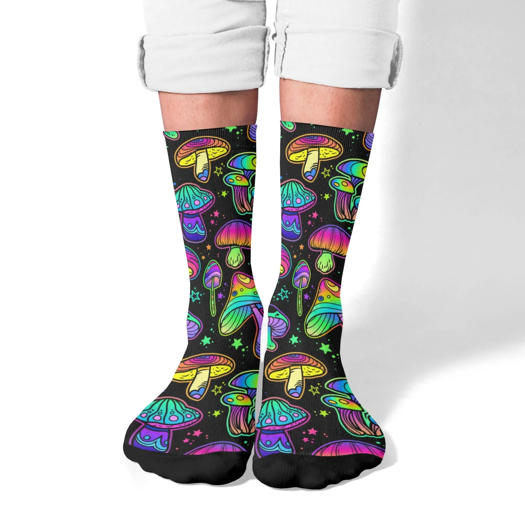 Neon Gradient Mushroom Men's Socks Novelty Street Hip-hop Sports Socks Unisex Stretch Breathable Non-slip Fashion Casual Socks