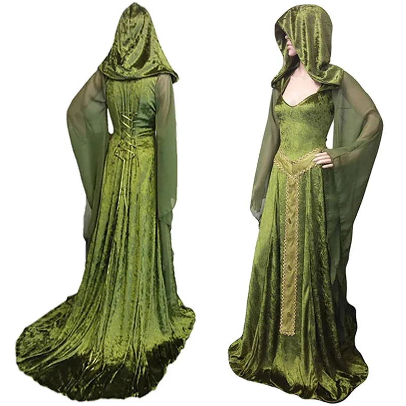 2025 11 disfraz Medieval señora Cosplay verde negro vestido Vintage renacentista Retro disfraz mujer vestido elegante ropa de fiesta