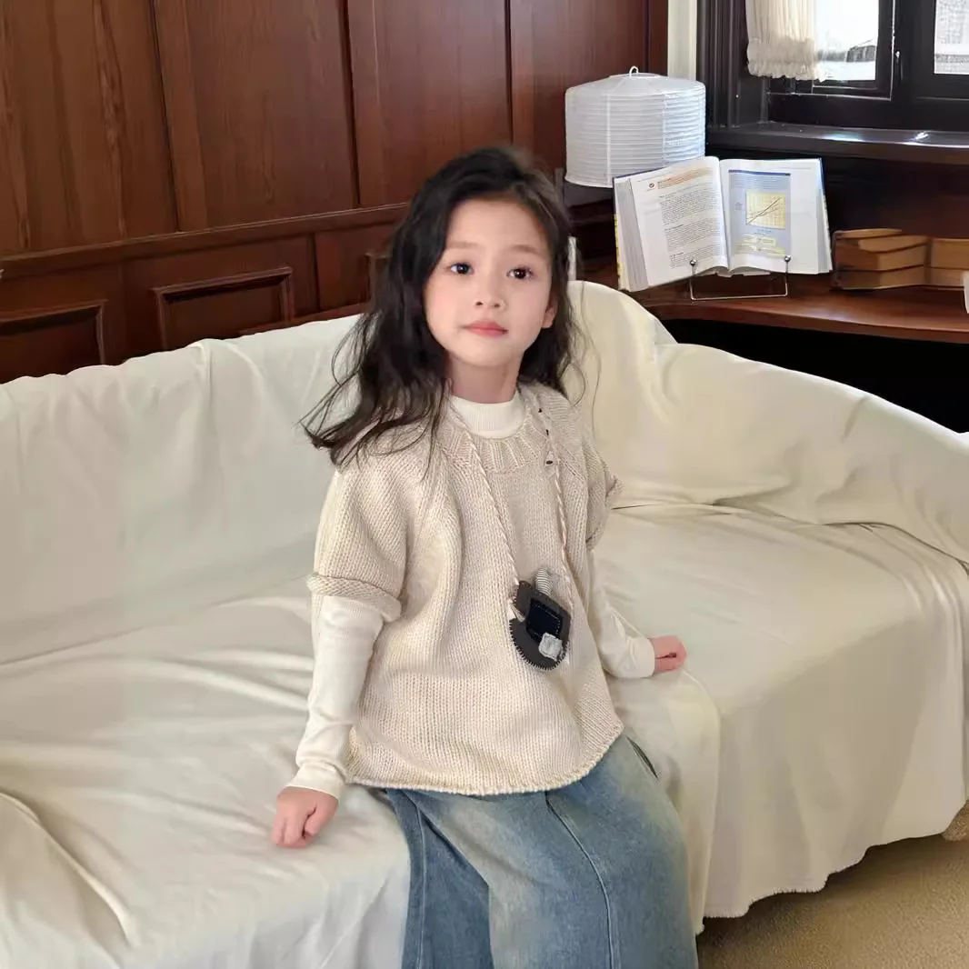 Children's Knitted Vest Autumn Winter Korean Version of Soft Waxy Lazy Wind Stacked Knitted Short Sleeved Top Girls Round Neck