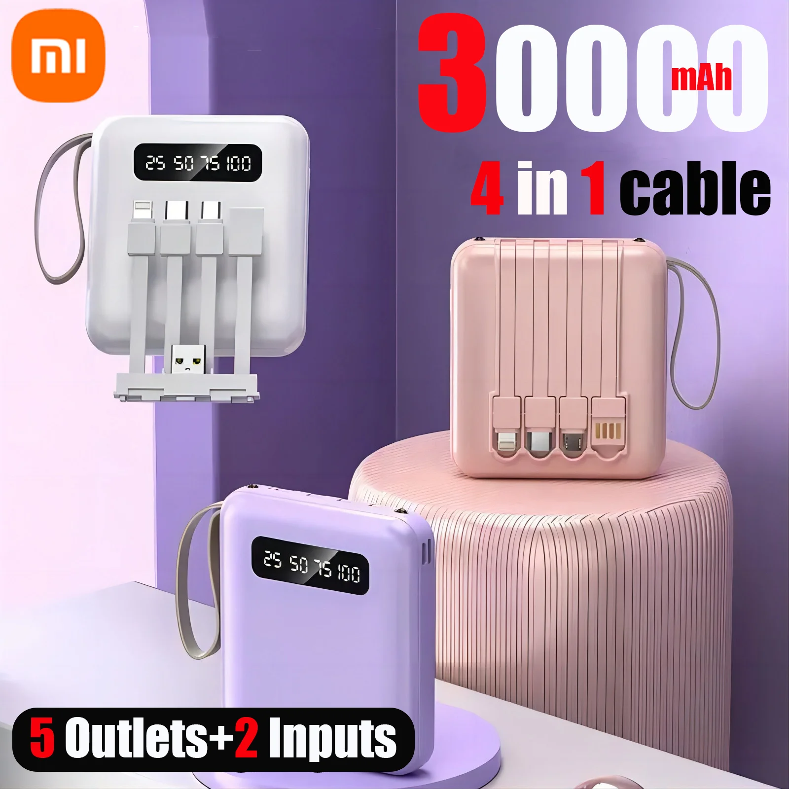 Xiaomi-Mini Power Bank, Carregamento Rápido, Grande Capacidade, 30000mAh, PowerBank Portátil, Cabo 4in 1, iPhone, Samsung, HUAWEI, Novo