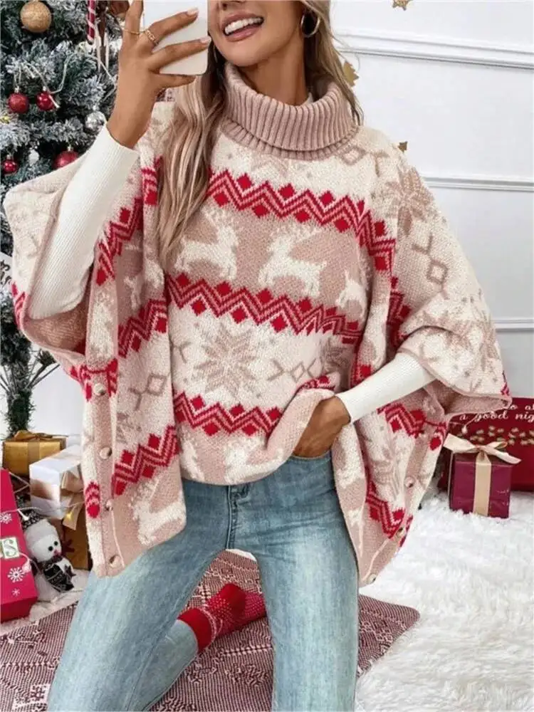 Turtleneck Christmas Elk Contrast Pattern Bat Sleeve Sweater Winter Clothes Woman Pulls Femmes Comfortable Casual Trendy