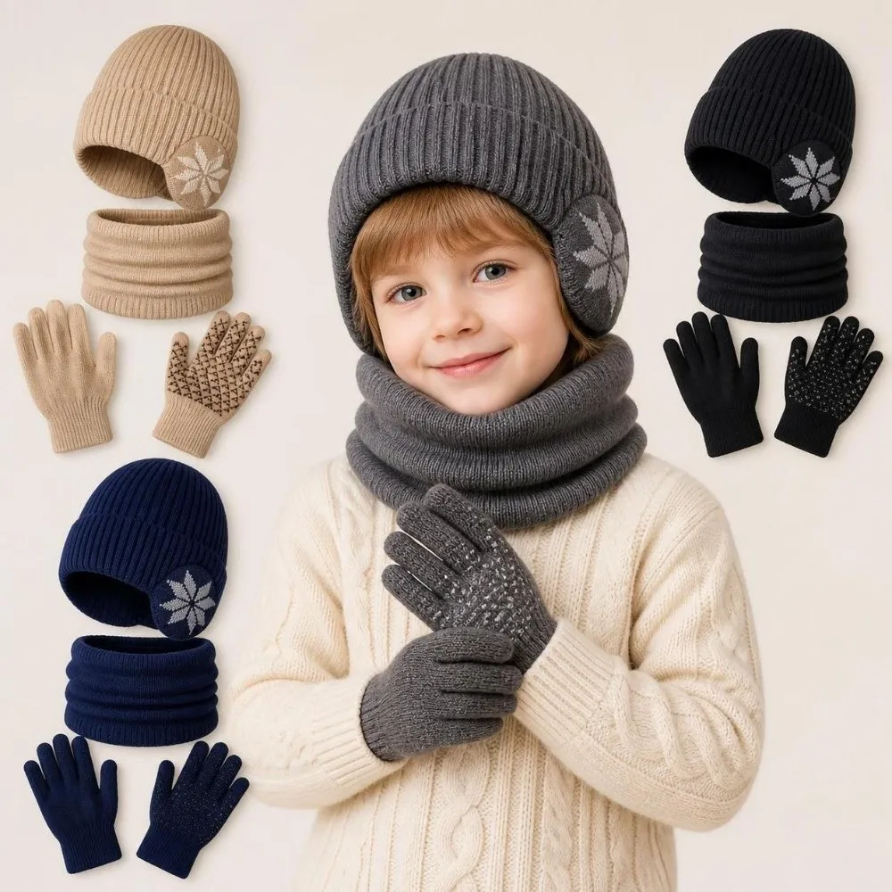 3Pcs Set Warm Winter Hat Scarf Gloves Set Ear Protection Snowflake Pattern Fleece Lined Winter Accessories Set Non-slip Gloves