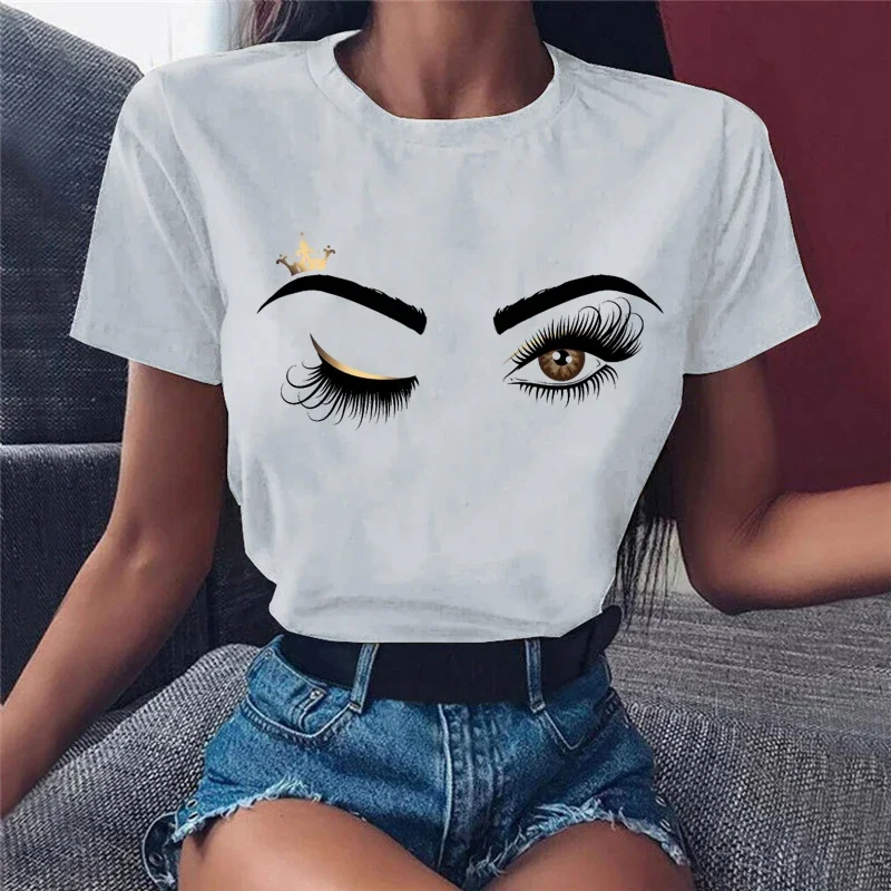 Korean Fashion T-shirts Aesthetic Women Tops Summer T Shirt Kpop Female Clothing Anime Art Eyelash Printed Ladies White T-Shirt