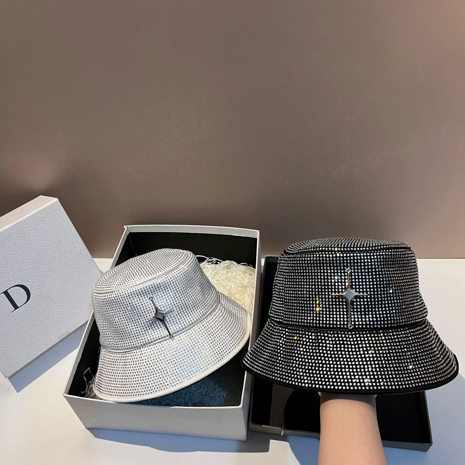 2025 Fashion Full Diamond Bucket Hat - French Inspired 3D Cross Design Spring Summer Heavy Industry Versatile Casual Hat