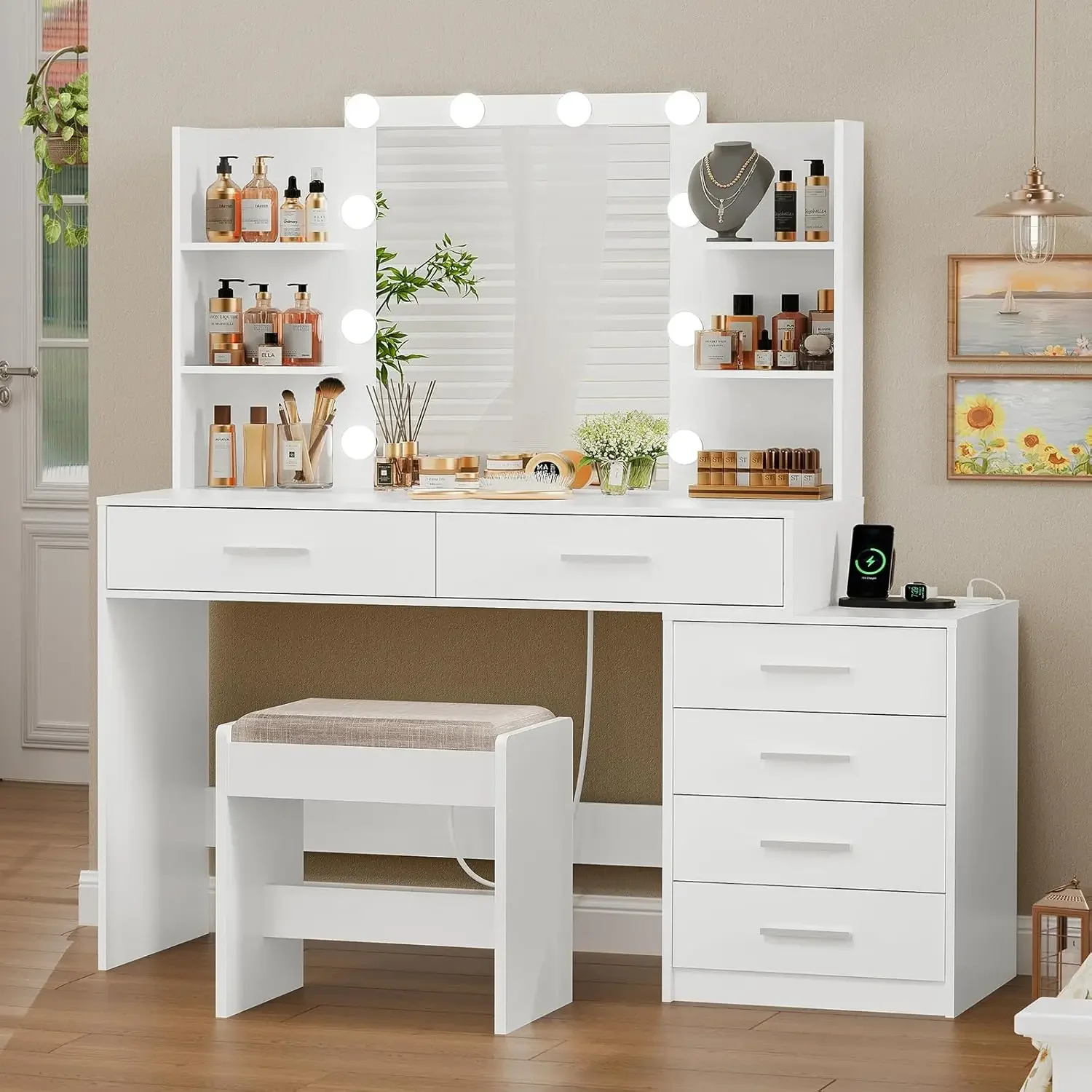 48" Large Vanity Desk with Mirror & Lights, Makeup Vanity Table with 6 Drawers & Power Outlet, 4 Open Storage Shelves,White image 2