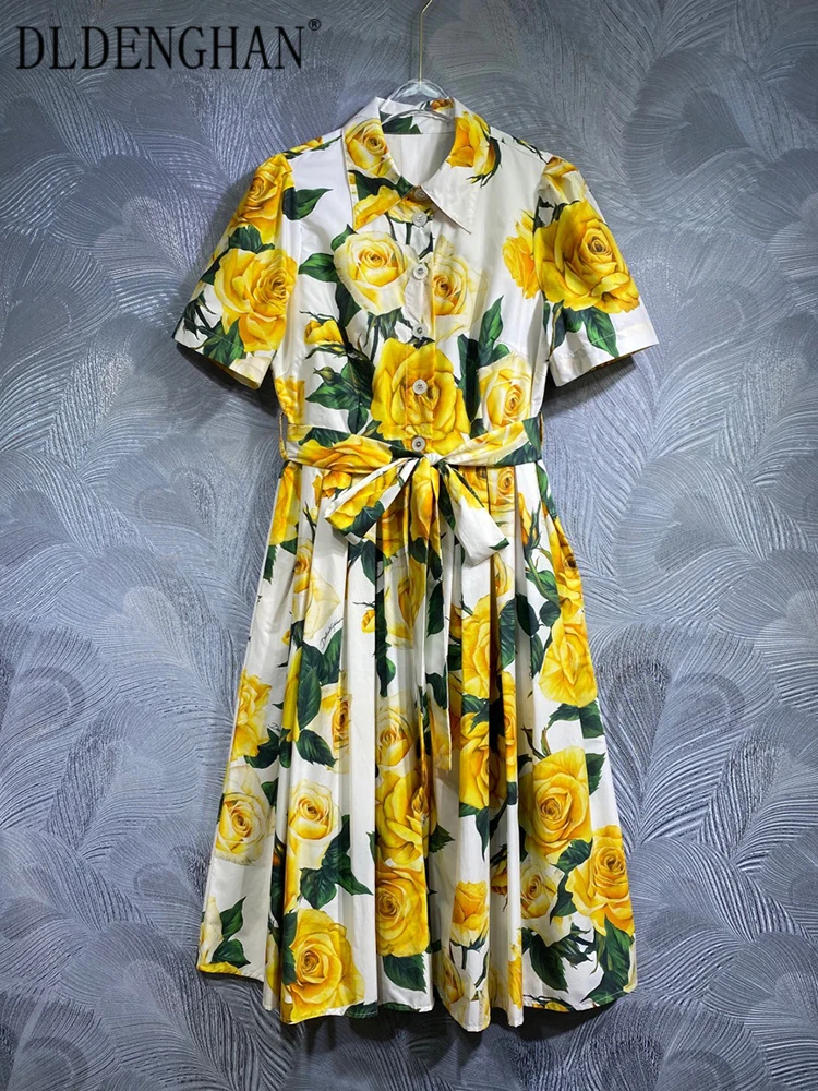 DLDENGHAN-Robe en coton jaune à manches courtes pour femmes, tenue de soirée élégante, à simple boutonnage, à lacets, imprimé floral, de styliste, nouvelle collection printemps